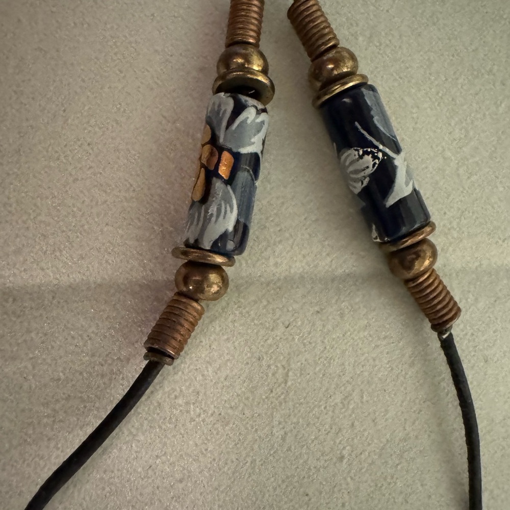 Beaded Leather Eyeglass Holder Necklace with Blue Accent Beads - Picture 2 of 3